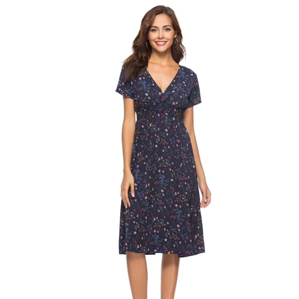 Chiffon Beach Dress Printed V-neck Short Sleeve Bohemian