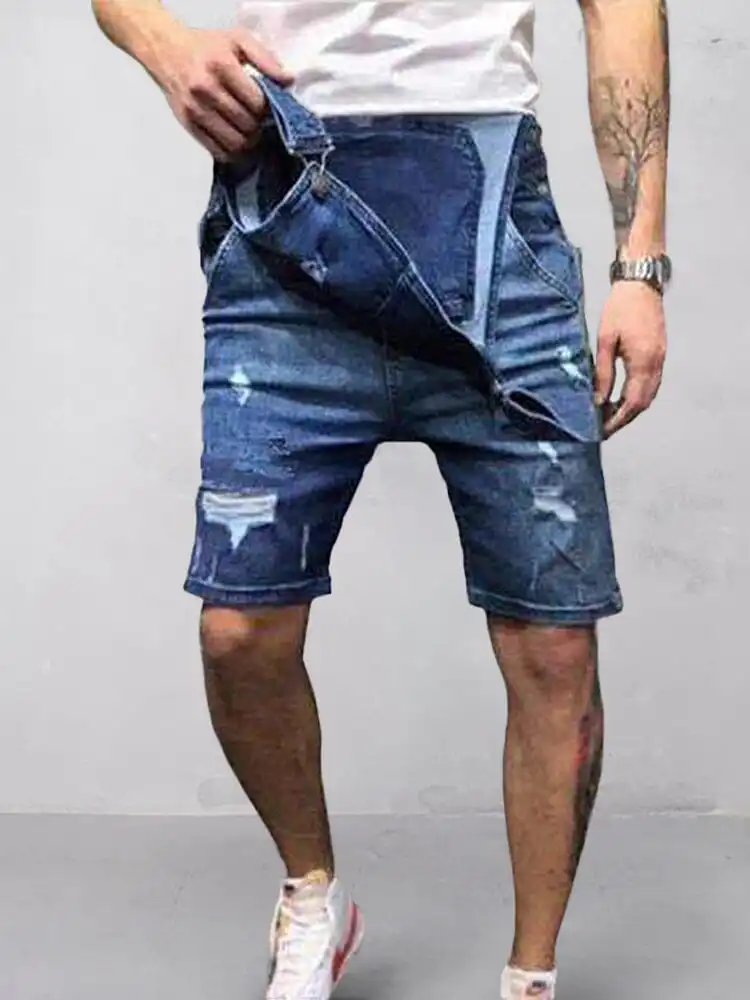 Men's Torn Denim Overalls Shorts