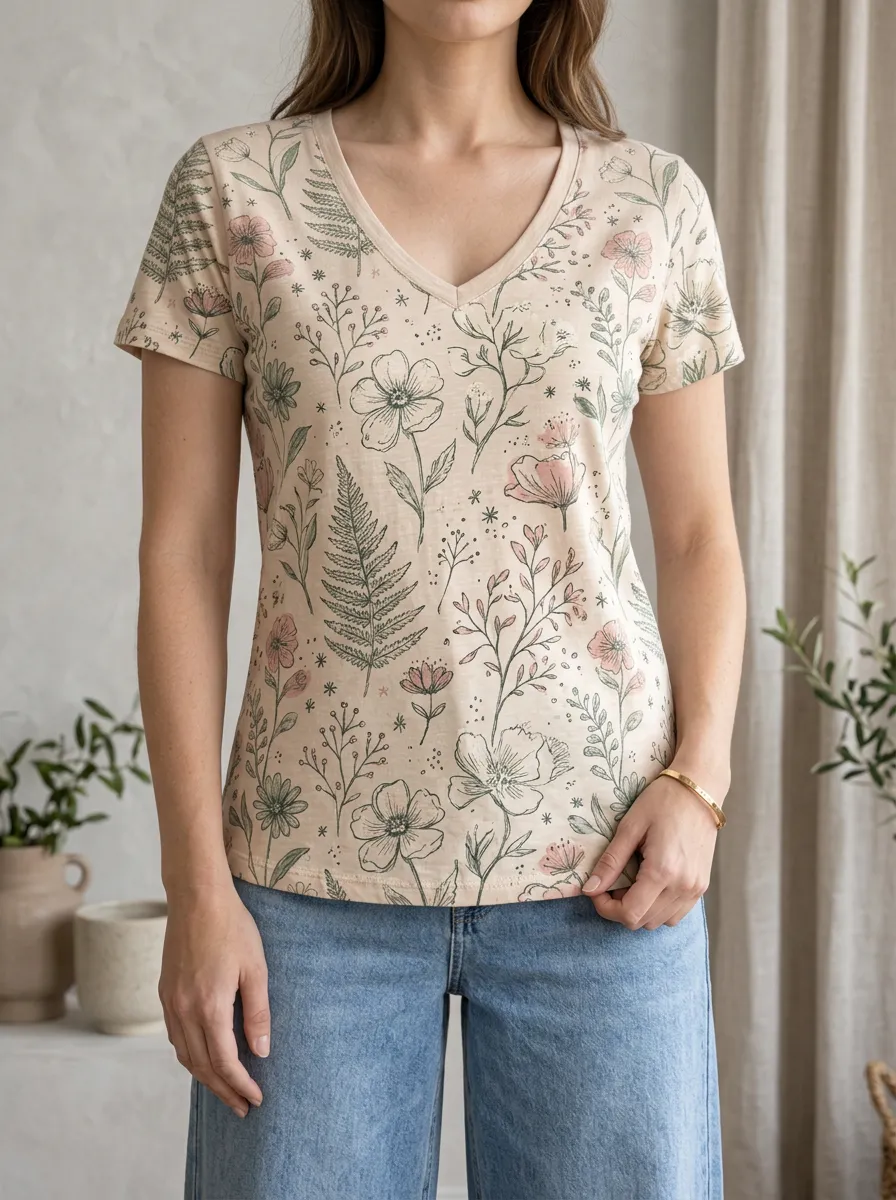 Women's Botanical Floral Fern Printed V-Neck T-Shirt