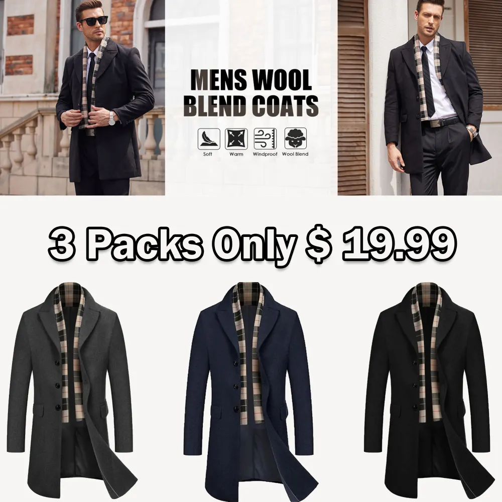 Men's Wool Blend Coat with Detachable Plaid Scarf Classic Warmth. Smart Design. Timeless Winter Style.