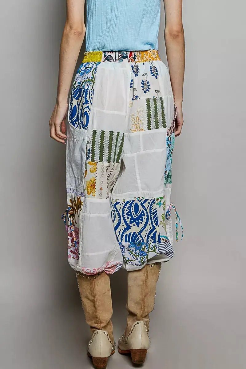 Relaxed Printed Patchwork Wide Leg Pants With Adjustable Side Drawstring