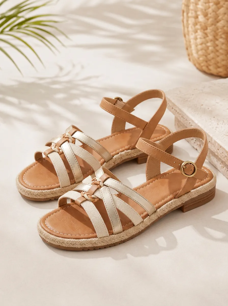 Women's Summer Casual Braided Metallic Strap Espadrille Sandals