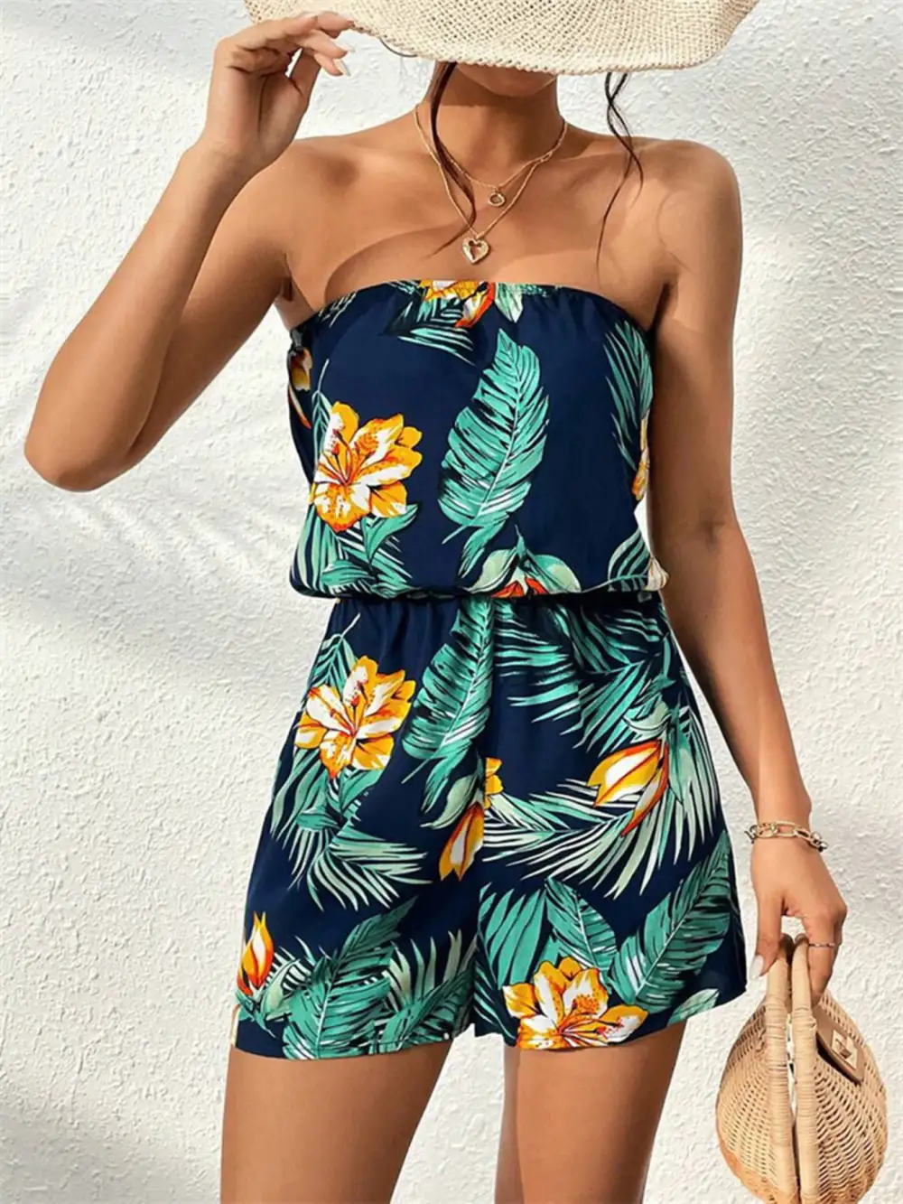 Tropical Print Strapless Elastic Waist Romper