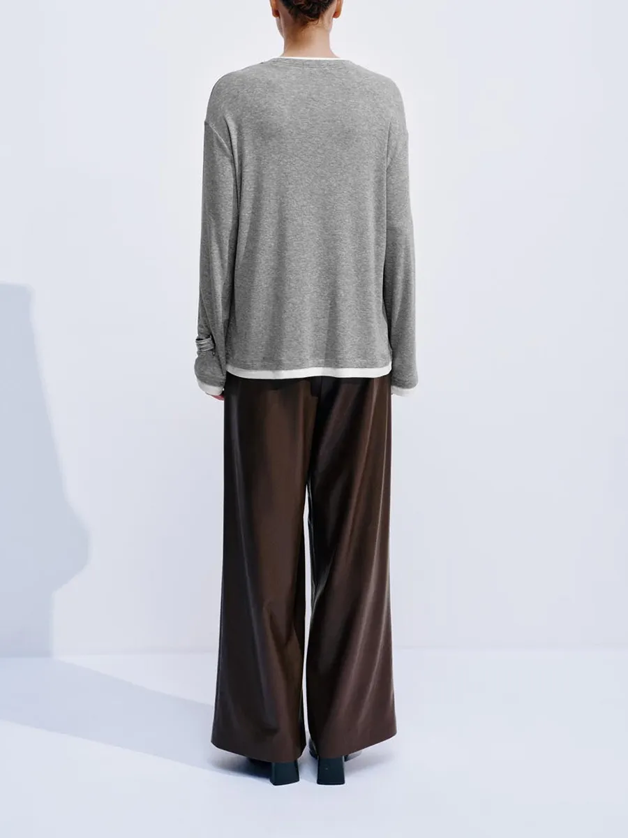 Lady's Grey Round-Neck Loose Long-Sleeved T-Shirt