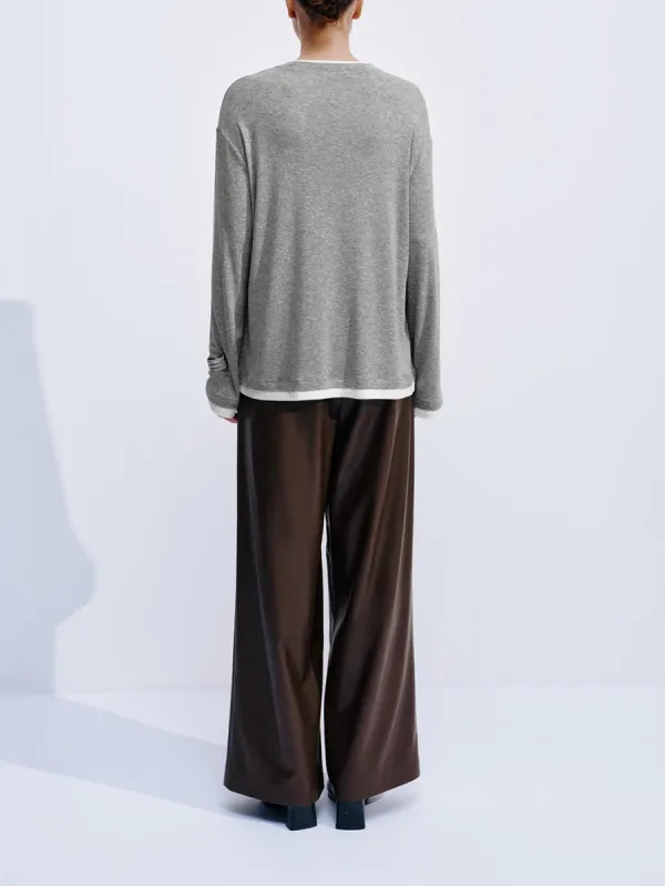 Lady's Grey Round-Neck Loose Long-Sleeved T-Shirt