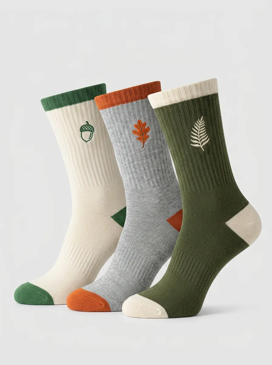 Unisex Leaf Acorn Oak-Leaf Fern Three-Pair Embroidered Crew Socks