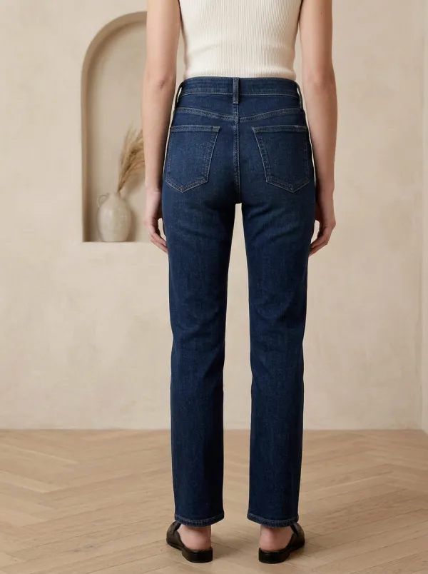 Women's High-Rise Dark Wash Straight Leg Denim Jeans