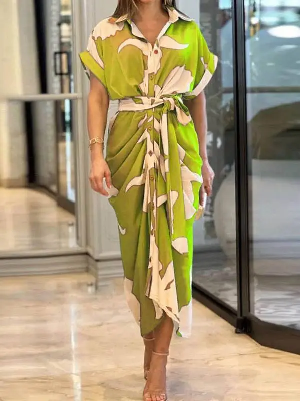 V Neck Pleated Belt Short Sleeve Midi Dress