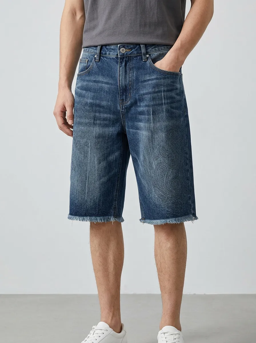 Men's Heritage Inspired Distressed Raw Hem Distressed Denim Shorts