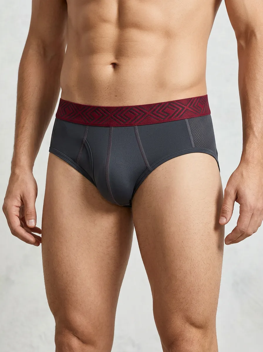 Men's Geometric Pattern Waistband Grey Printed Briefs