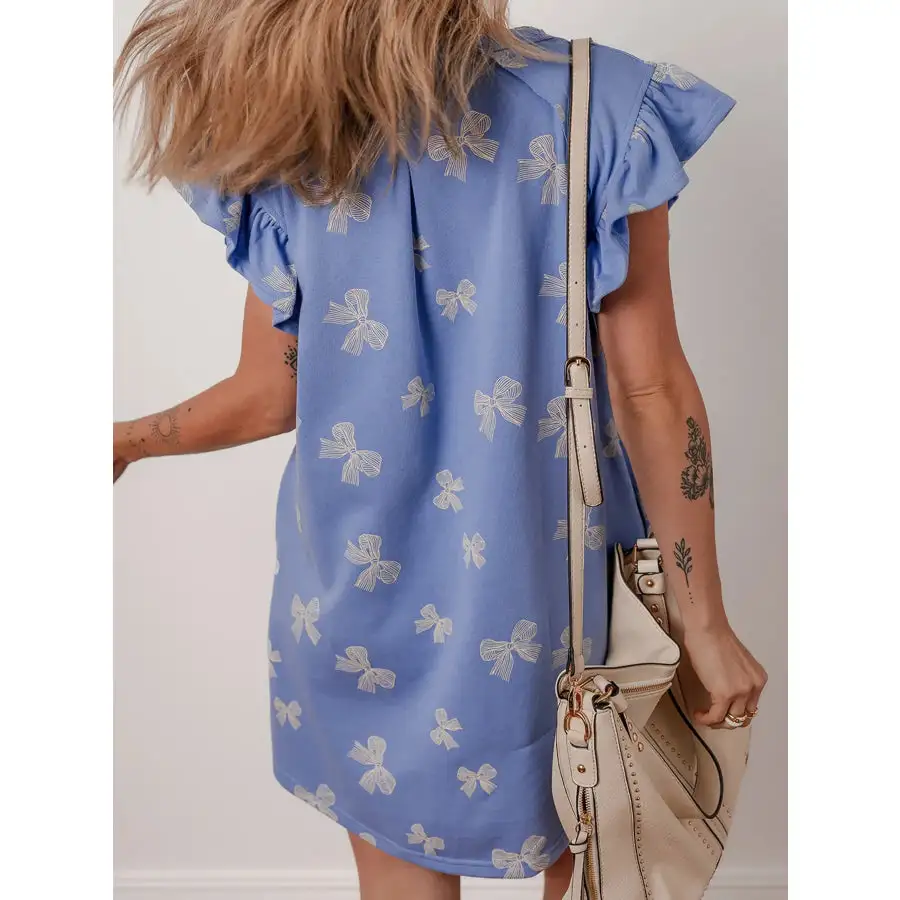 Bow Knot Crewneck Ruffled Sleeve Shift Mini Dress