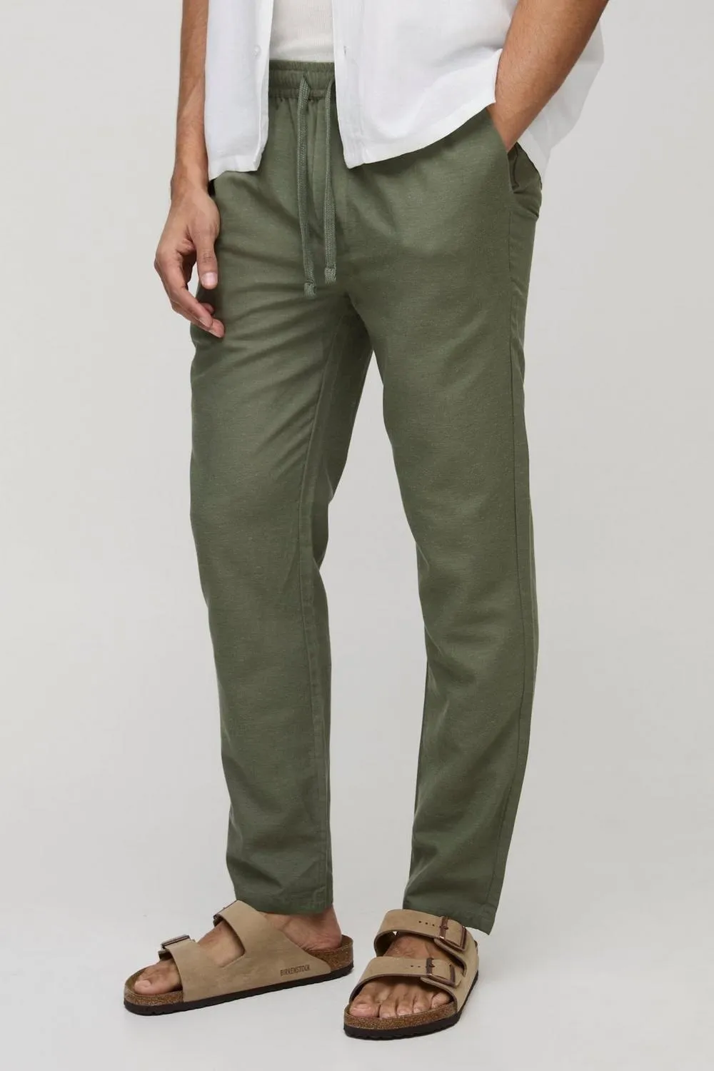 Elasticated Waist Slim Fit Cropped Linen Blend Pants Daily Casual Style