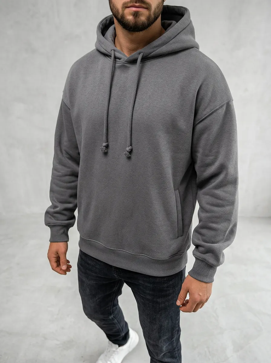 Men's Casual Minimalist Solid Grey Plain Printed Hoodie
