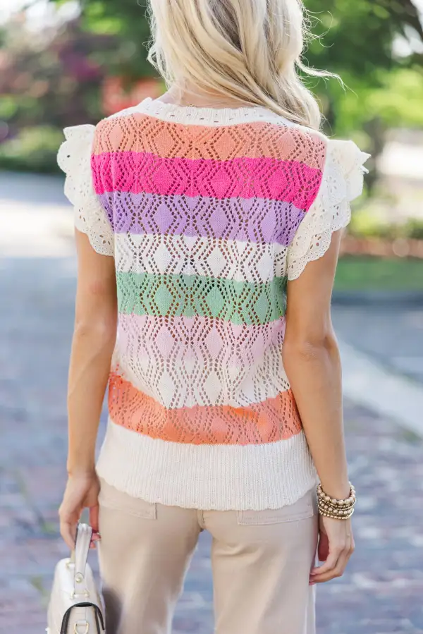 Stripe Colorblock Hollowed Knit Scallop Edge Sweater Vest