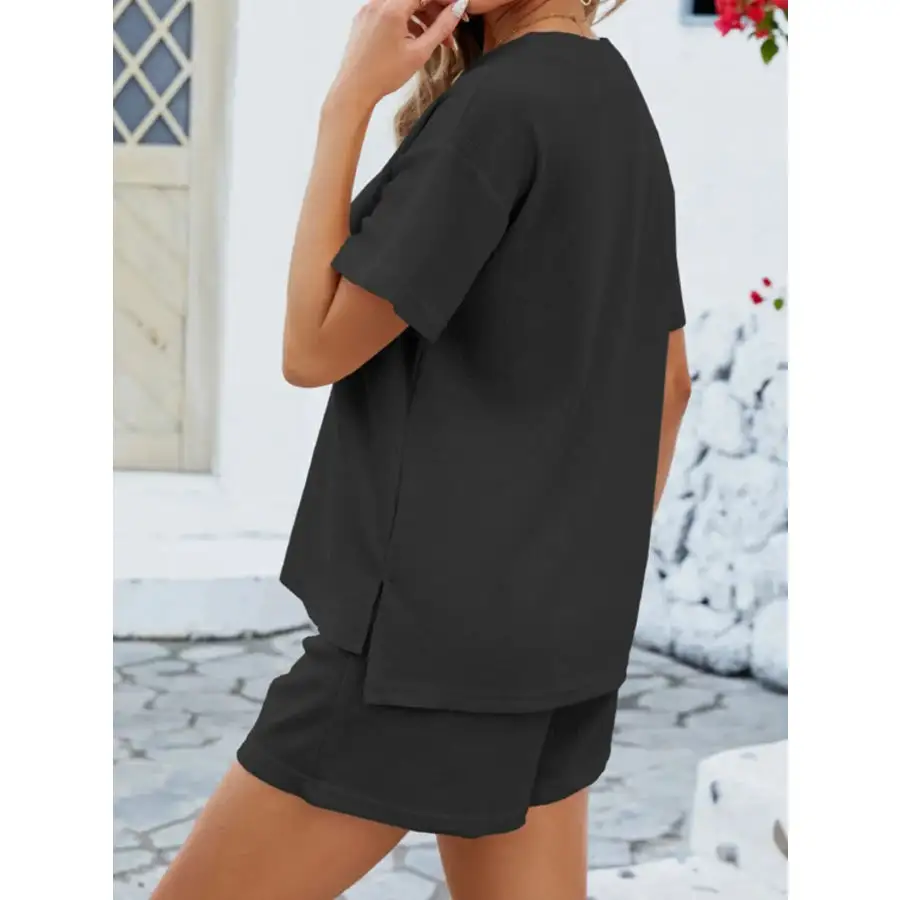 Casual Button Detail Ribbed Top and Shorts Two Piece Set