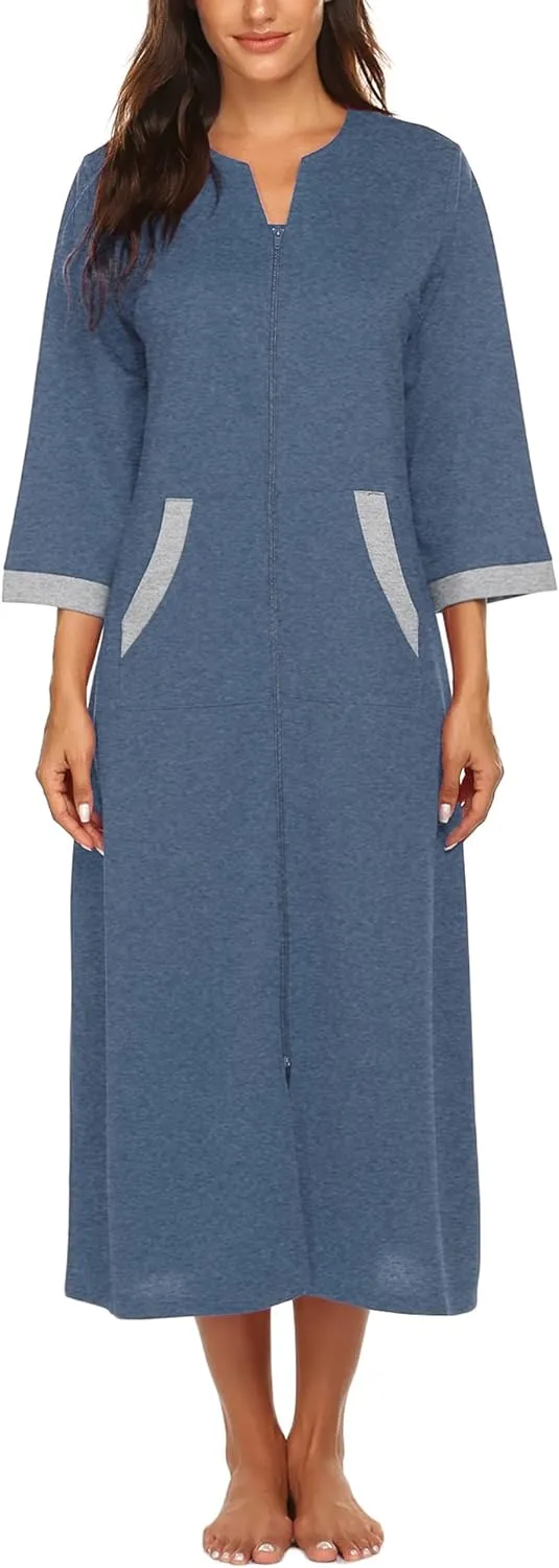 50% OFF Women Zipper Robe 3/4 Sleeves Loungewear Dress Full Length Sleepwear Pockets Housecoat Nightgown Long Bathrobe
