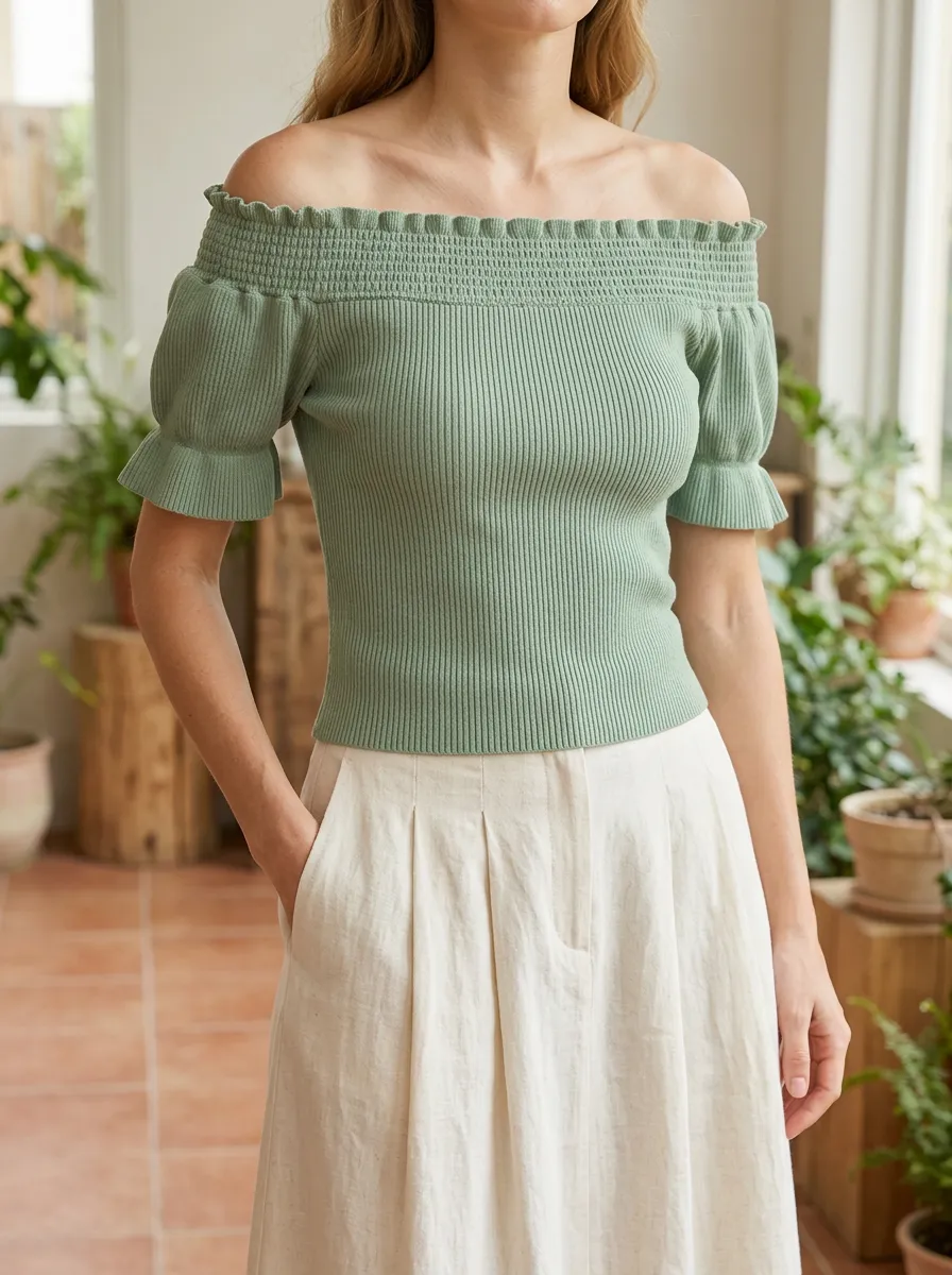 Women's Relaxed Ribbed Off-Shoulder Ruffle Sleeve Off-Shoulder Top