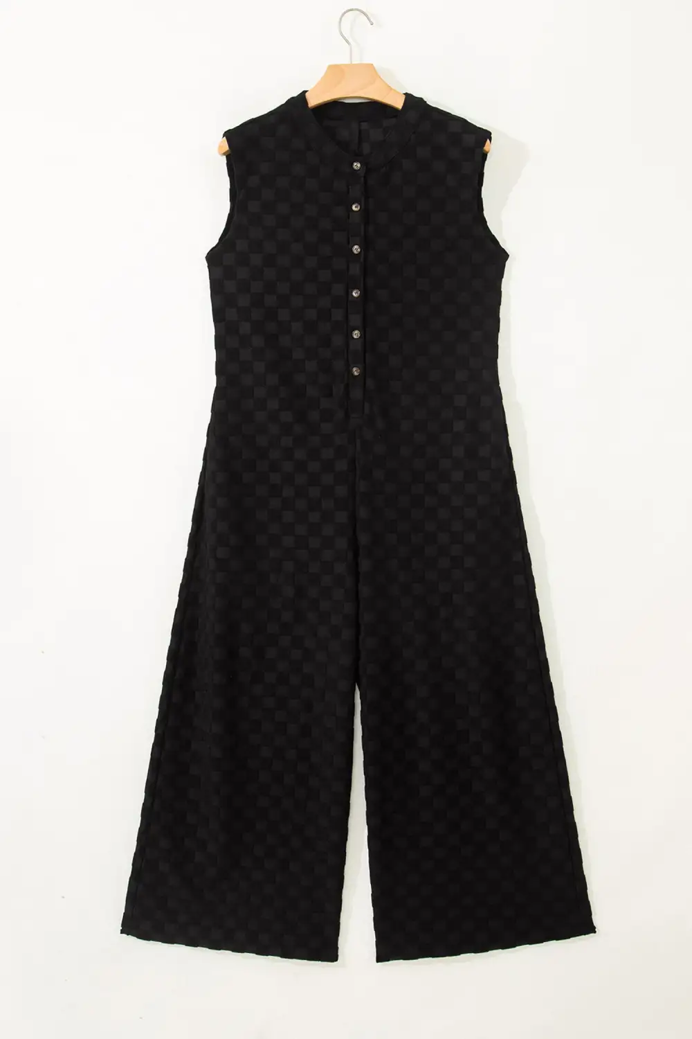 Half Buttons Sleeveless Wide Leg Textured Jumpsuit