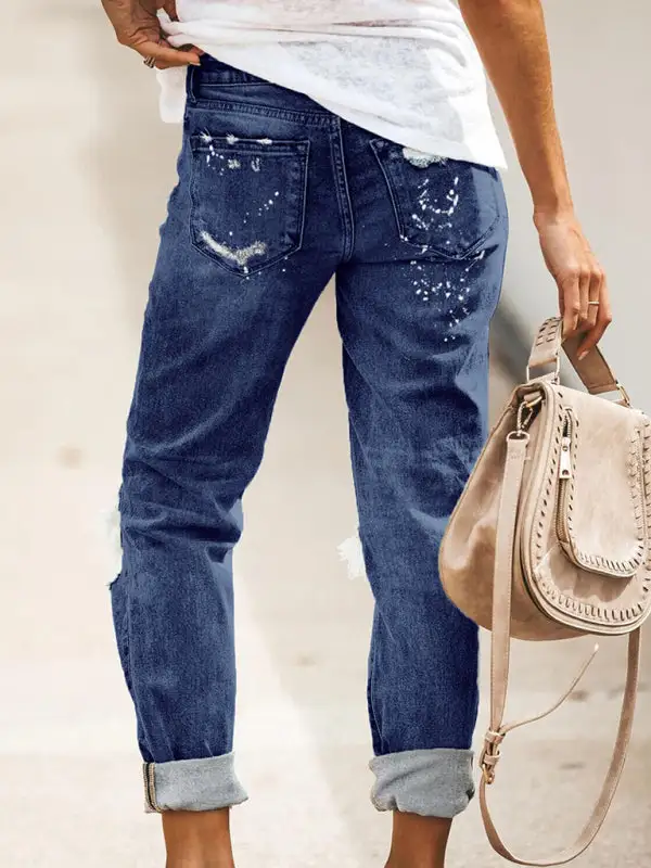 Straight Leg Ripped Stretch Washed Denim Jeans