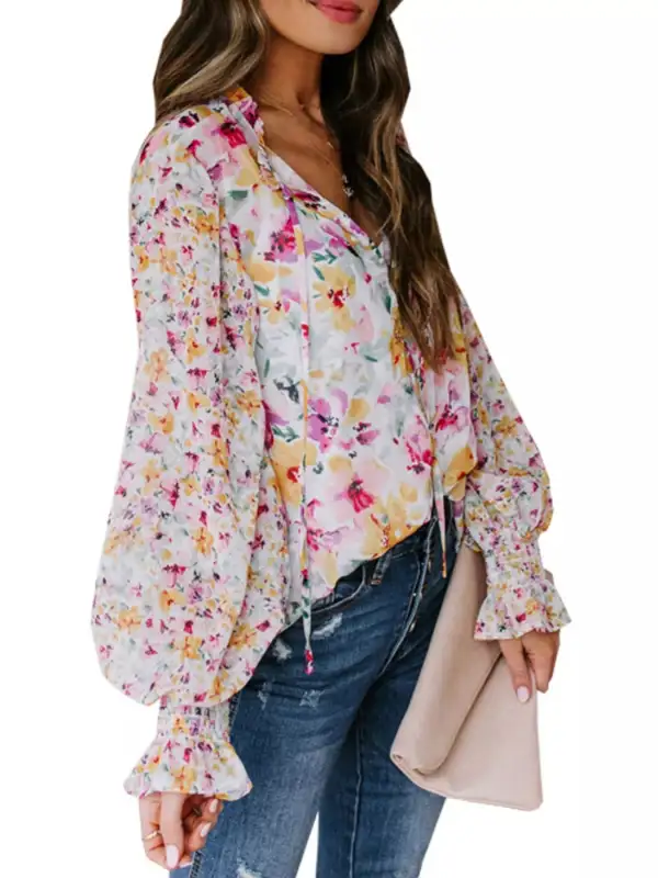 Floral Print Smocked Cuff Blouse Plus