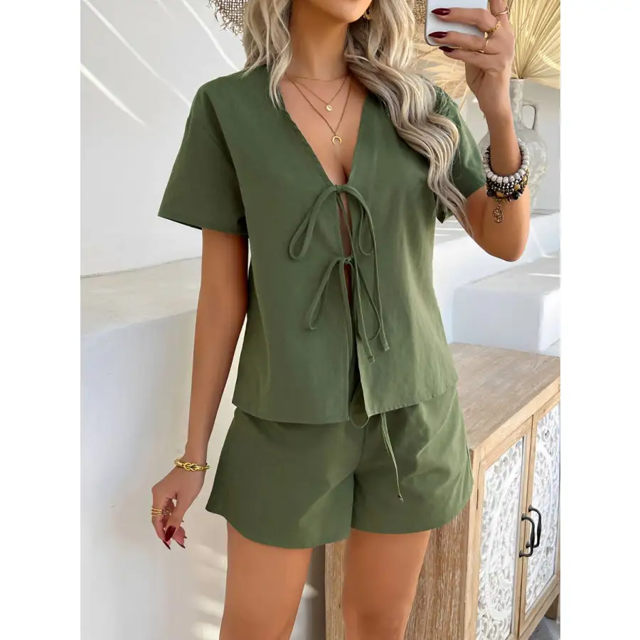 Tied V Neck Short Sleeve Top and Shorts Set