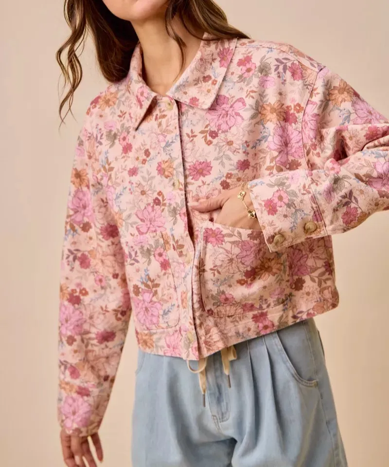 Floral Print Cotton Twill Button Down Barn Jacket