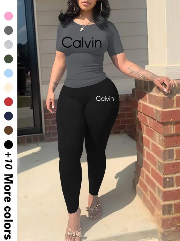 Calvin Letter Printing Women’s Casual Two-Piece Set Trendy Crop Top & Shorts | Lightweight Fabric | Effortless Summer Comfort