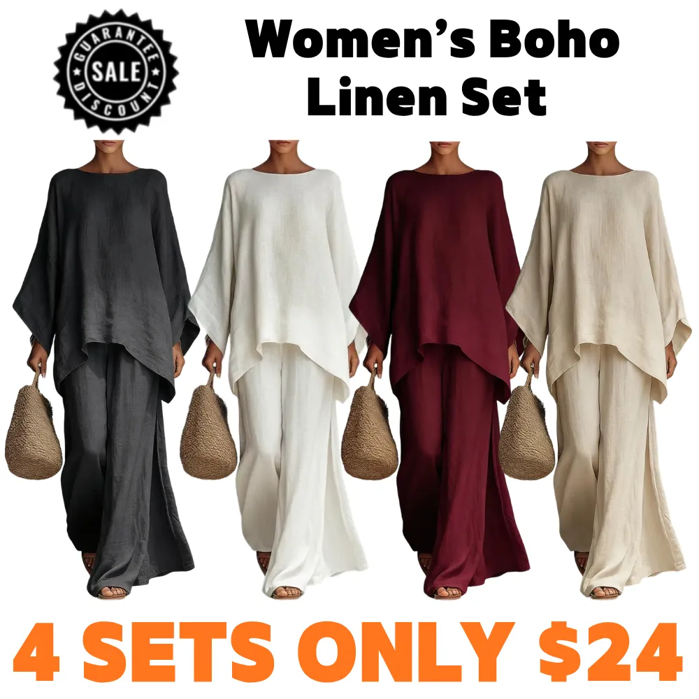 Boho Linen Summer Two-Piece Set – Wide Leg Pants & Batwing Top