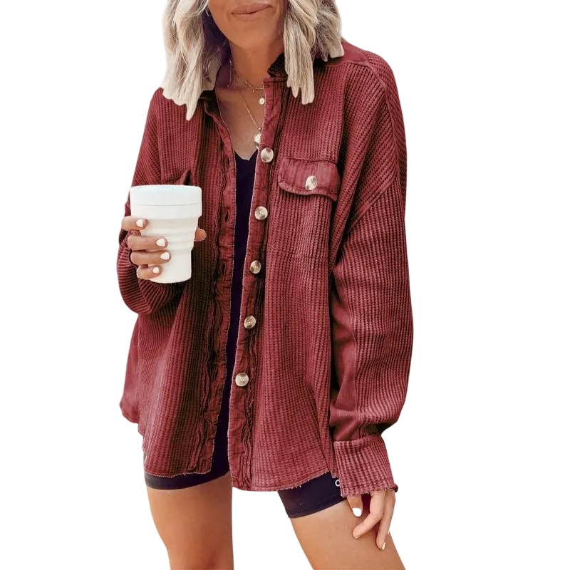 Women's Loose Fit Batwing Sleeve Waffle Knit Button Down Shirt