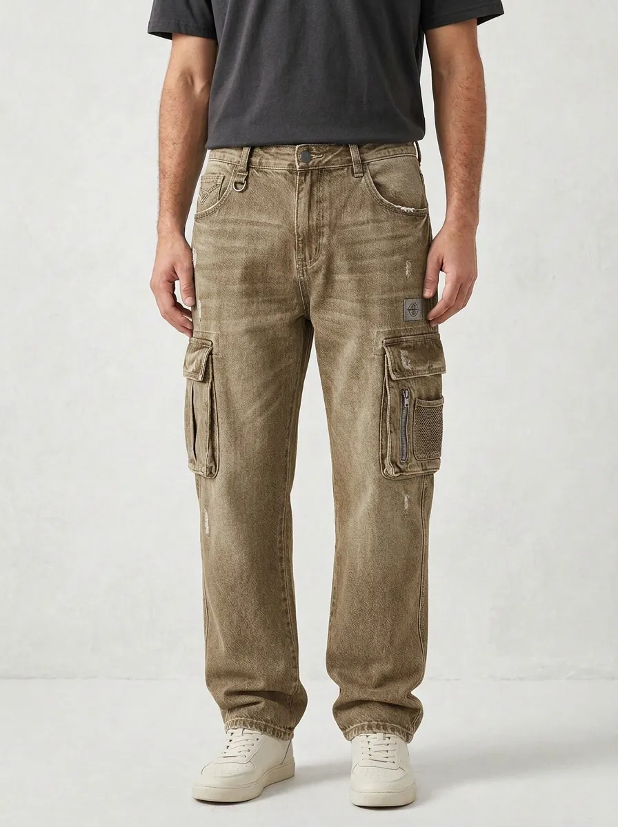 Men's Washed Grey Patchwork D-Ring Straight-Leg Denim Cargo Pants
