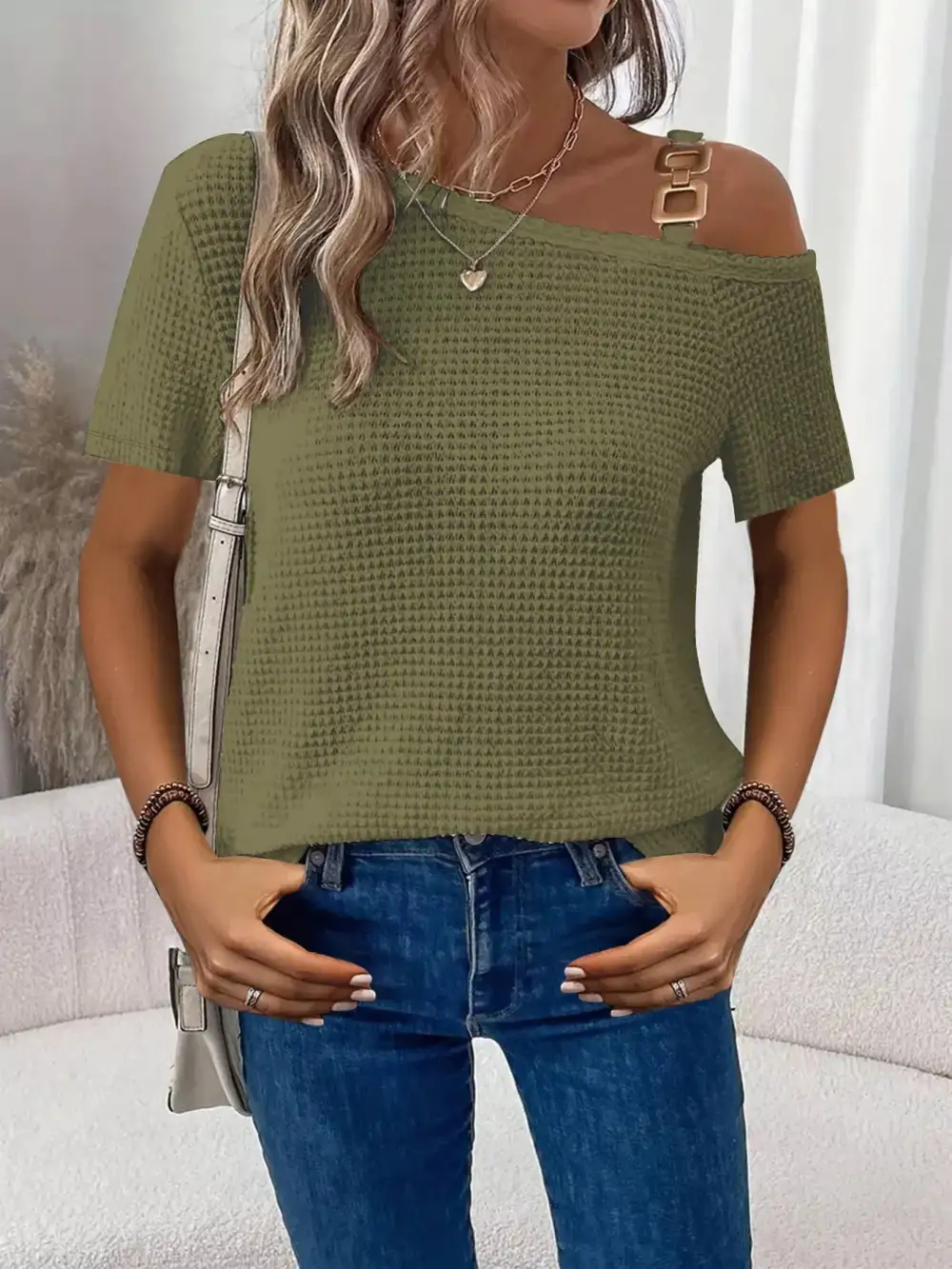 One-Shoulder Chain Detail Waffle Knit T-Shirt