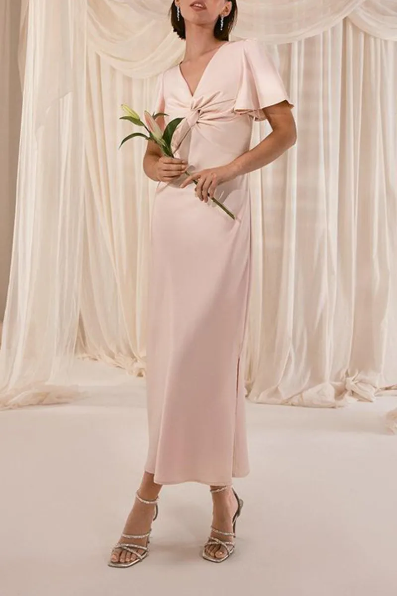 Casual Style Satin Twist Front Angel Sleeve Dress
