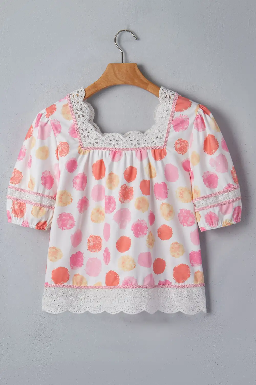 Pink Polka Dot Lace Trim Square Neck Puff Sleeve Blouse