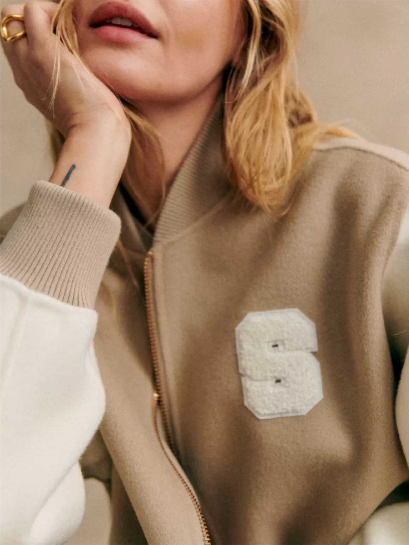 Beige Color Blocked Varsity Jacket