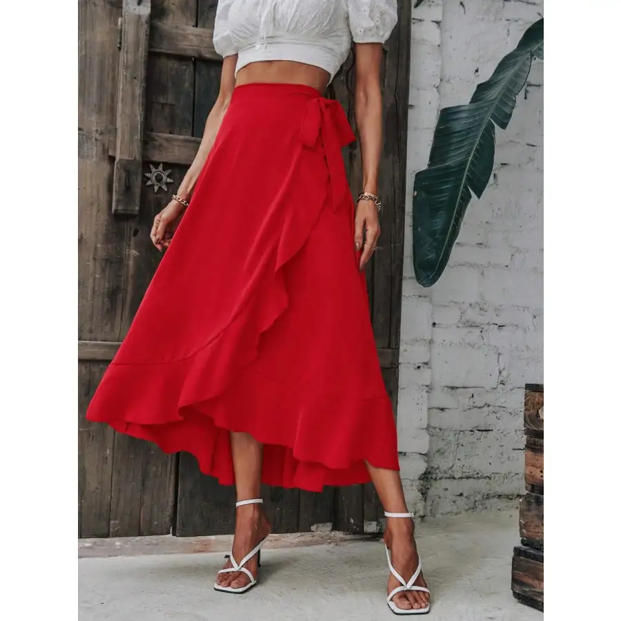 Tied Ruffled Midi Skirt