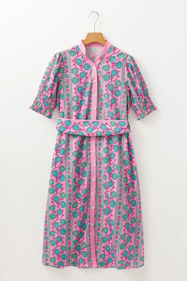 Floral Print Puff Sleeve Button Front Shirred Midi Dress