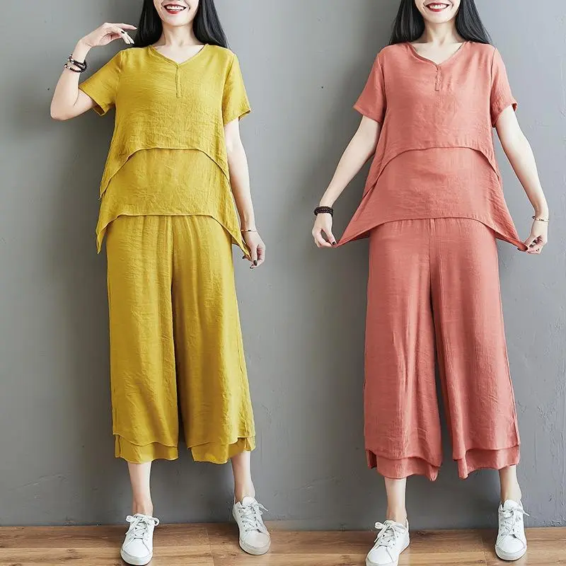 Women's Double-Layer Wide-Leg Pants Cotton And Linen Suit
