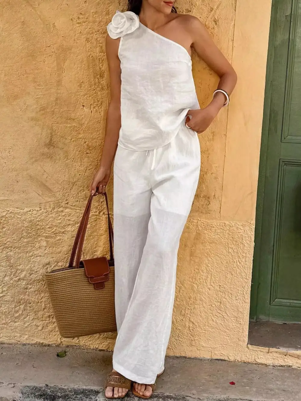 One-shoulder Embellished Top and Pants Set