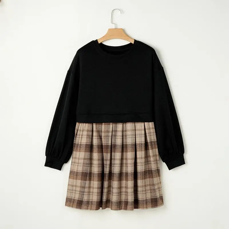 Beige Plaid Patchwork High Waist Sweatshirt Mini Dress
