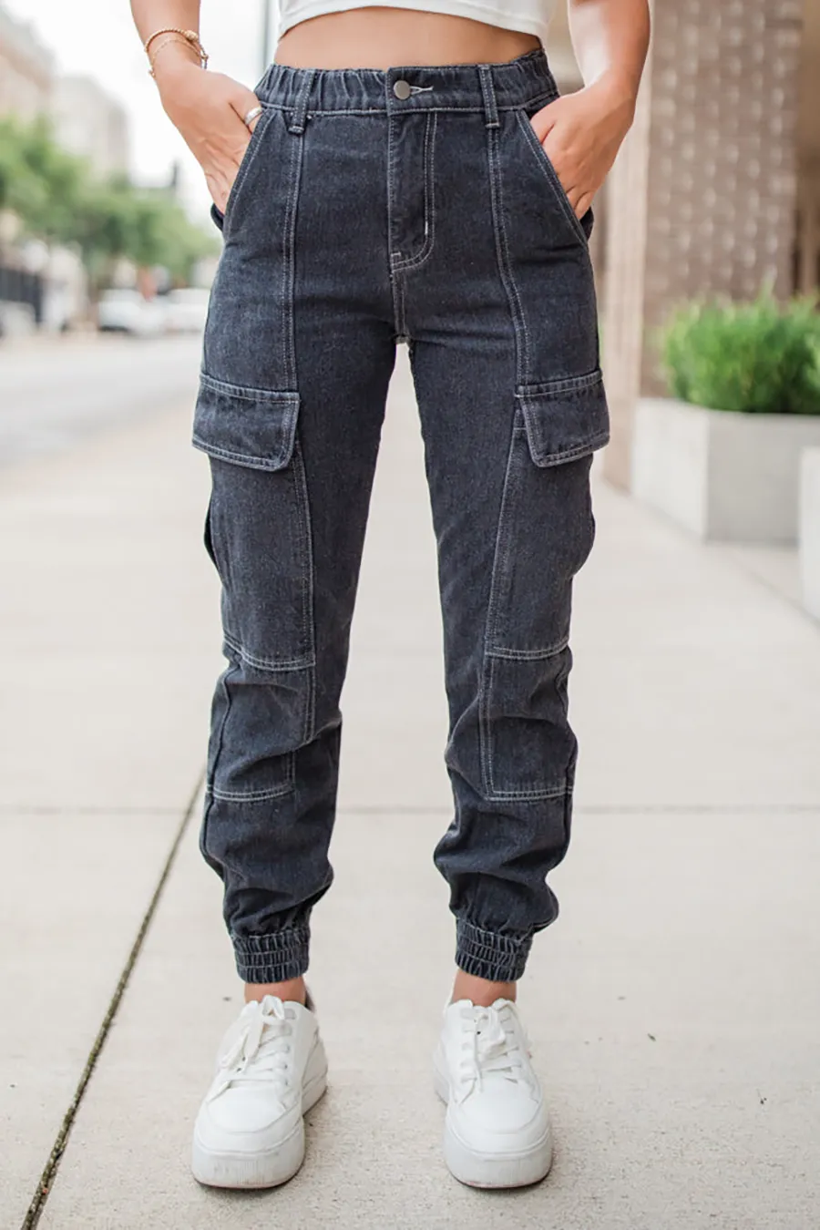 Cotton Washed Black Cargo Style Jeans