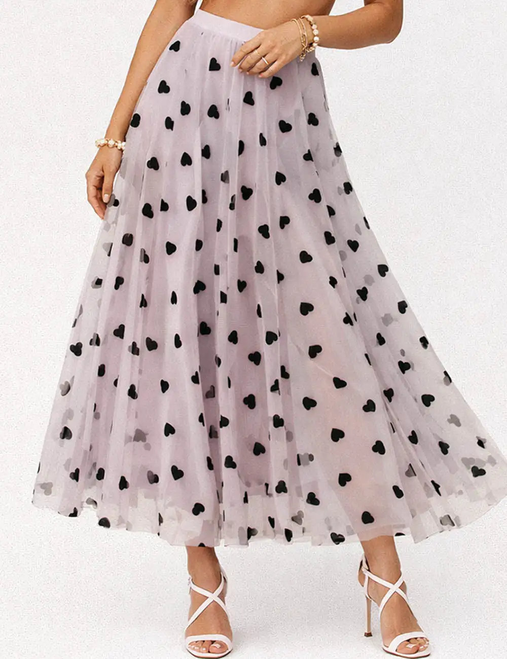 Romantic Heart Elastic Waist Mesh Midi Skirt