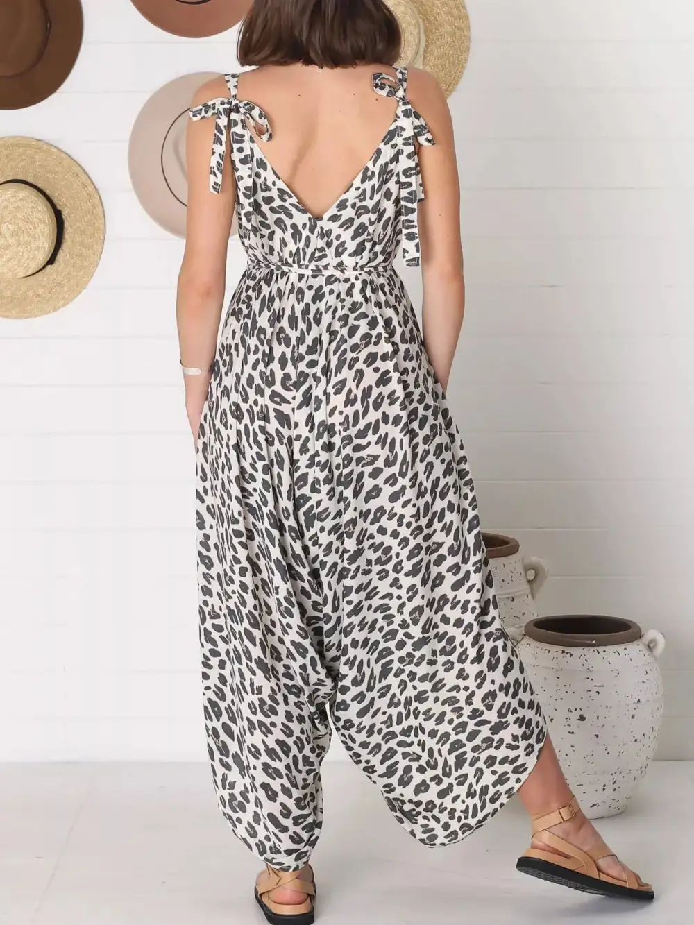 Plus Size Leopard Print V Neck Jumpsuit