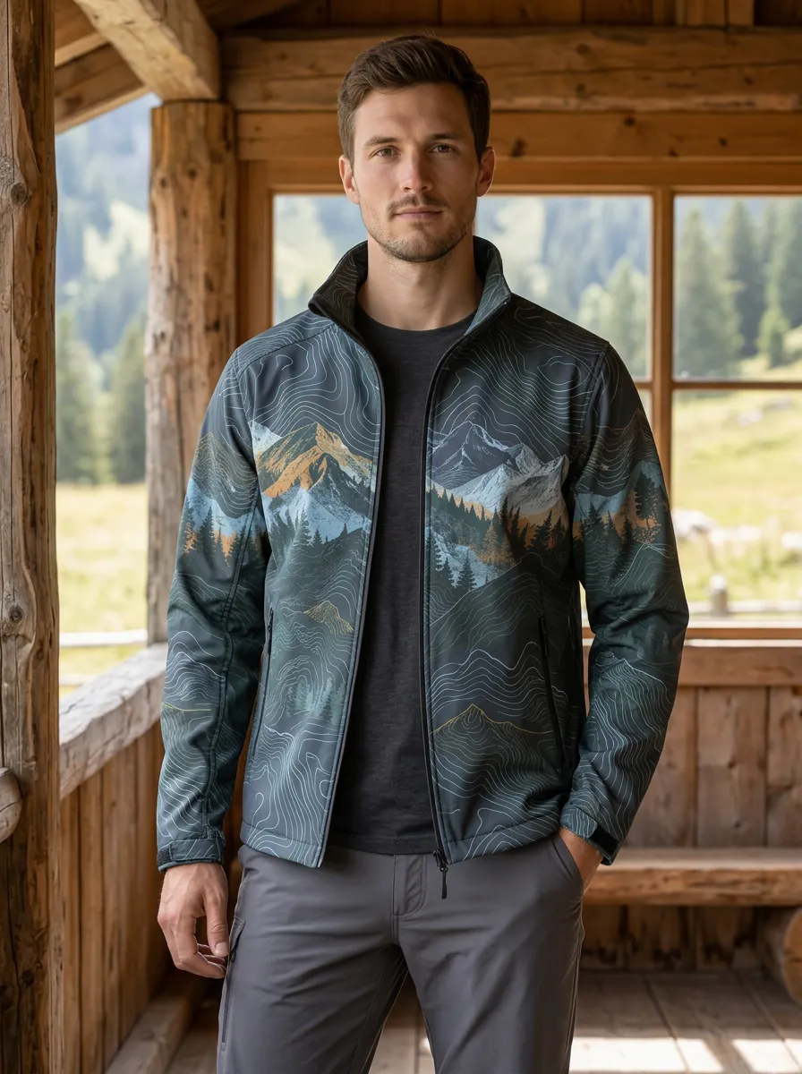 Men's Outdoor Hiking Mountain Forest Topographic Rugged Journey Jacket