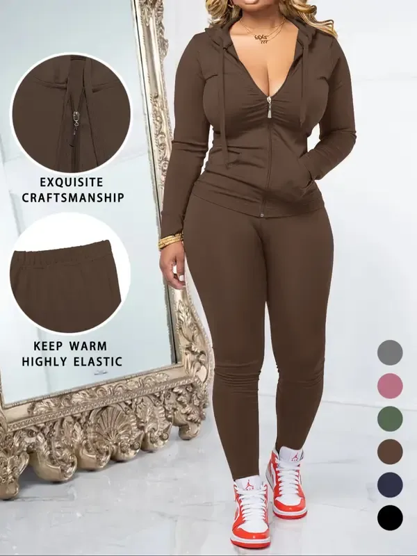 Women's Fall Zipper Hoodie and Skinny Pants Set, Casual Soft Long Sleeve Pullover with Pocket Design