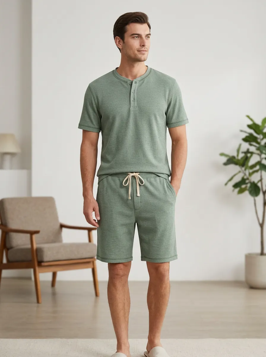 Men's Relaxed Fit Casual Sage Green Waffle Knit Henley Short Set