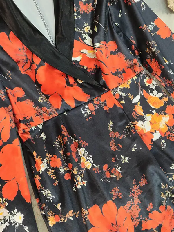 Bodycon High Waisted Contrast Color Flower Print Split Back Split Joint