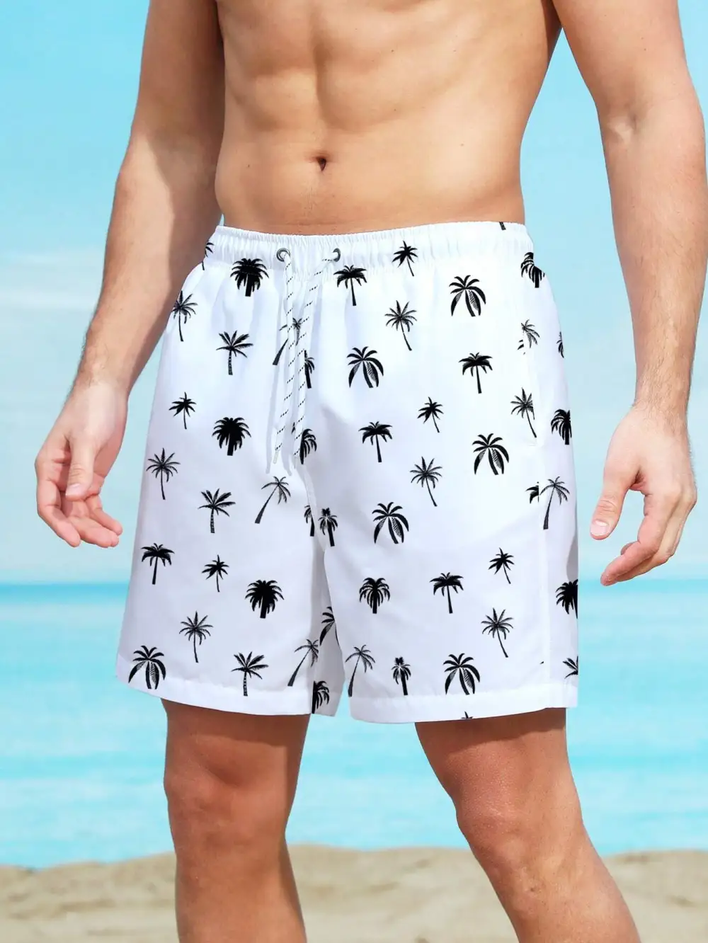 Men's Coastal Coconut Tree Print Swim Trunks