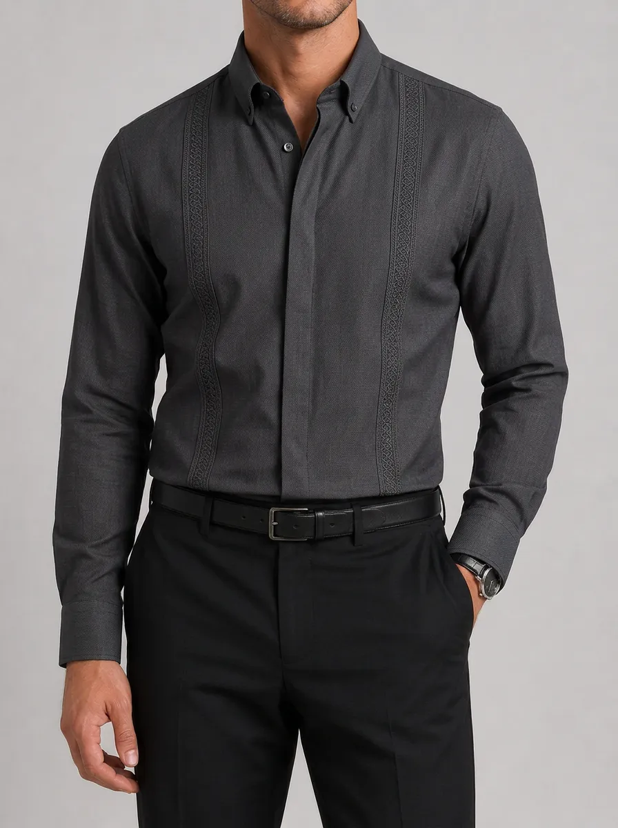 Men's Casual Formal Guayabera Embroidered Long Sleeve Shirt