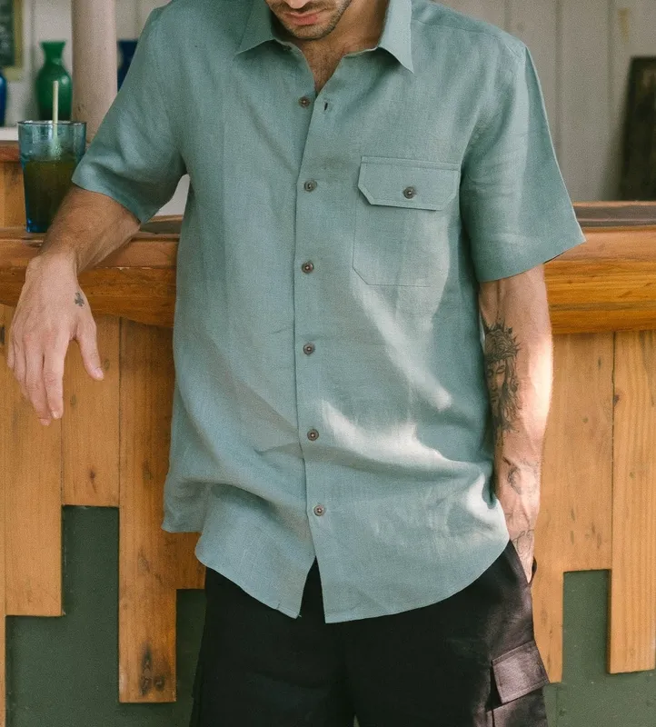 Sage Green Short Sleeve Linen Shirt