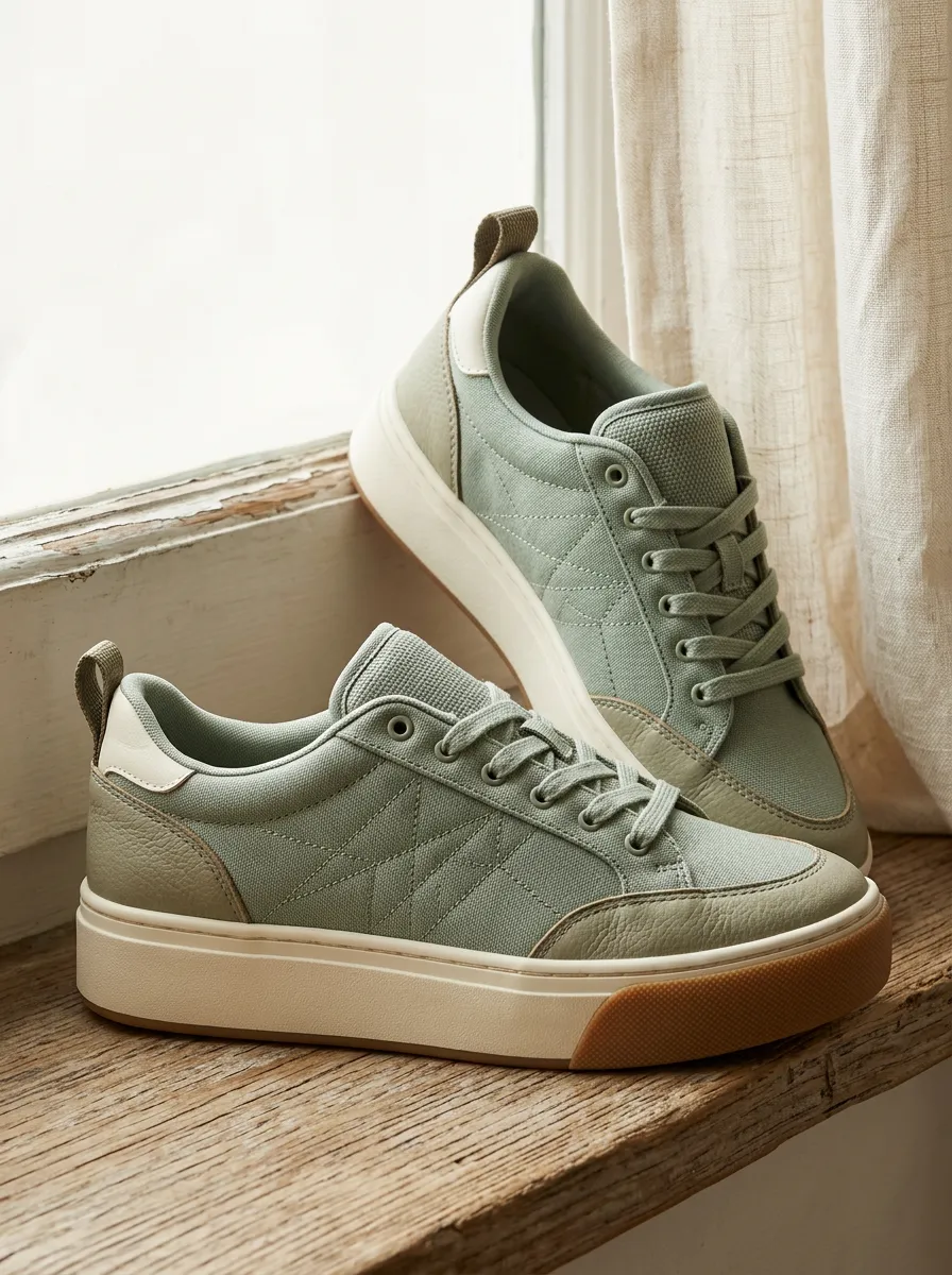 Women's Sage Green Quilted Canvas Leather Printed Sneakers